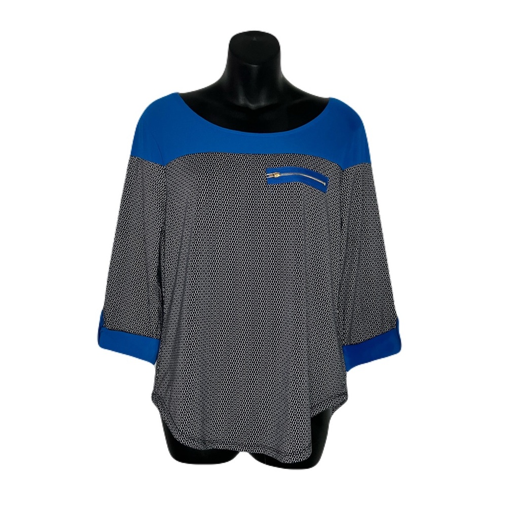 Ashley Blue Women's Black and White Top with Blue Chiffon Accents